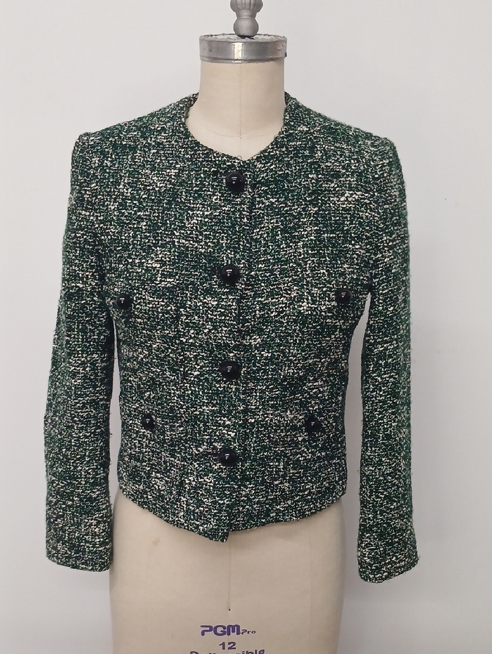 Mango Green Tweed Button-Front Women's Boucle Jacket